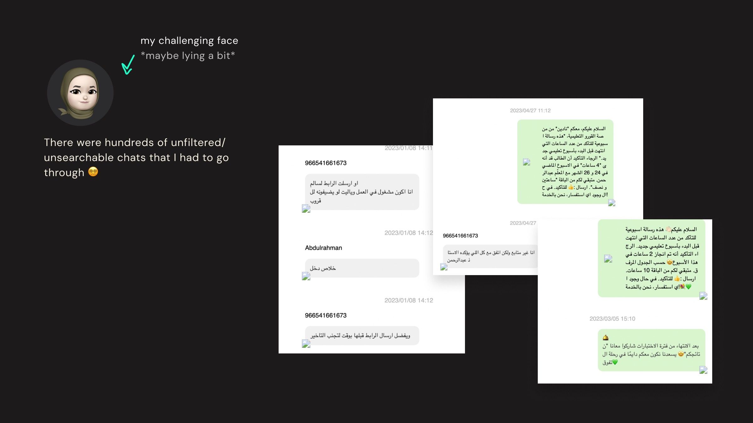 Research notes on a dark background: Nuha's avatar with the caption 'There were hundreds of unfiltered/unsearchable chats that I had to go through', beside screenshots of Arabic WhatsApp messages between Algooru, parents and tutors.