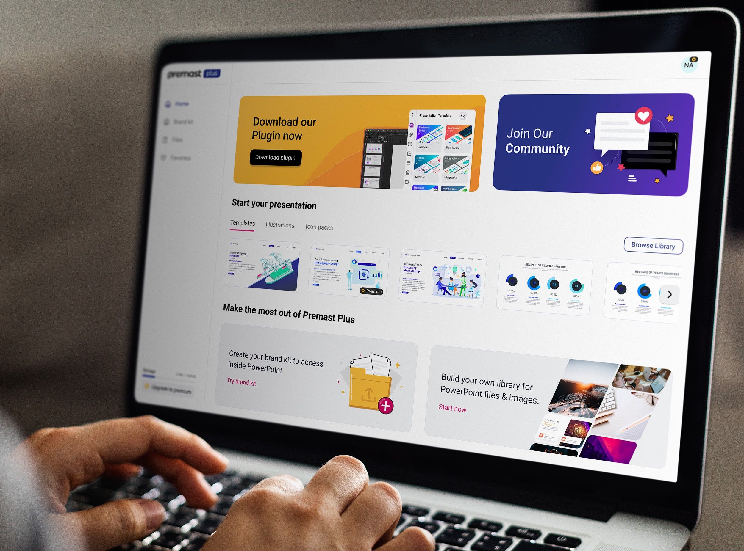 Hands typing on a laptop showing the Premast Plus homepage, with plugin download, community and template sections.