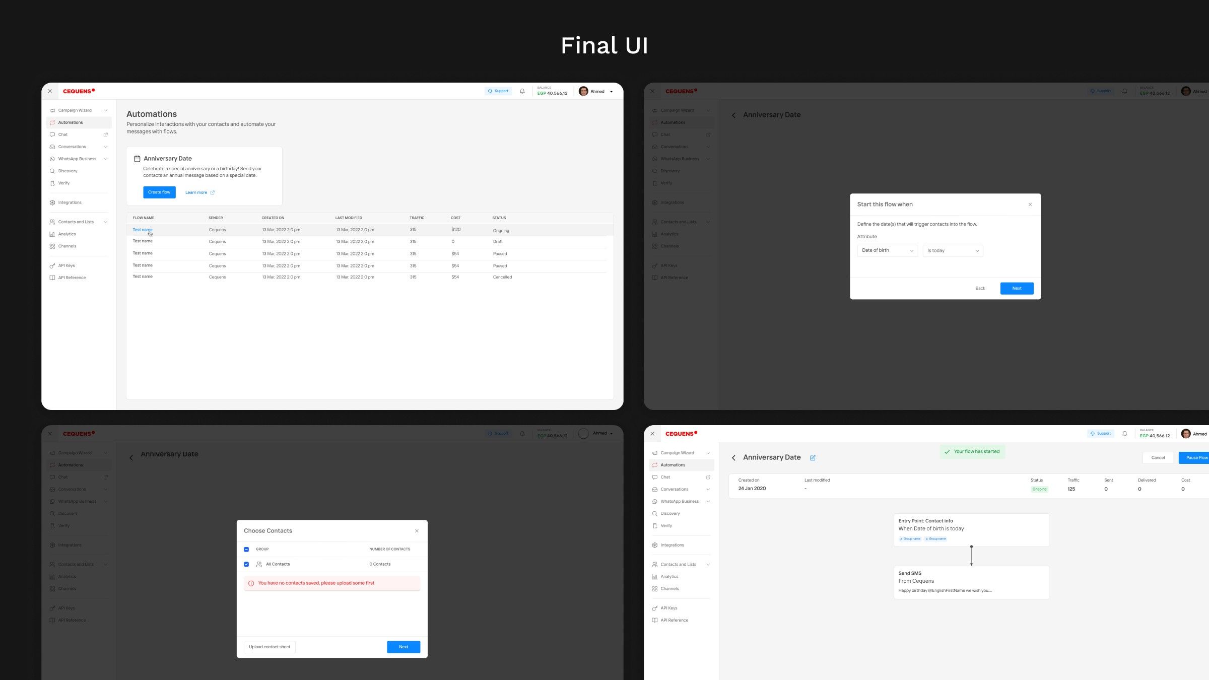 Final UI of CEQUENS Automations: the flow list with an Anniversary Date template, the date-of-birth trigger setup, the choose-contacts modal with an empty-state error, and a running flow's detail page.