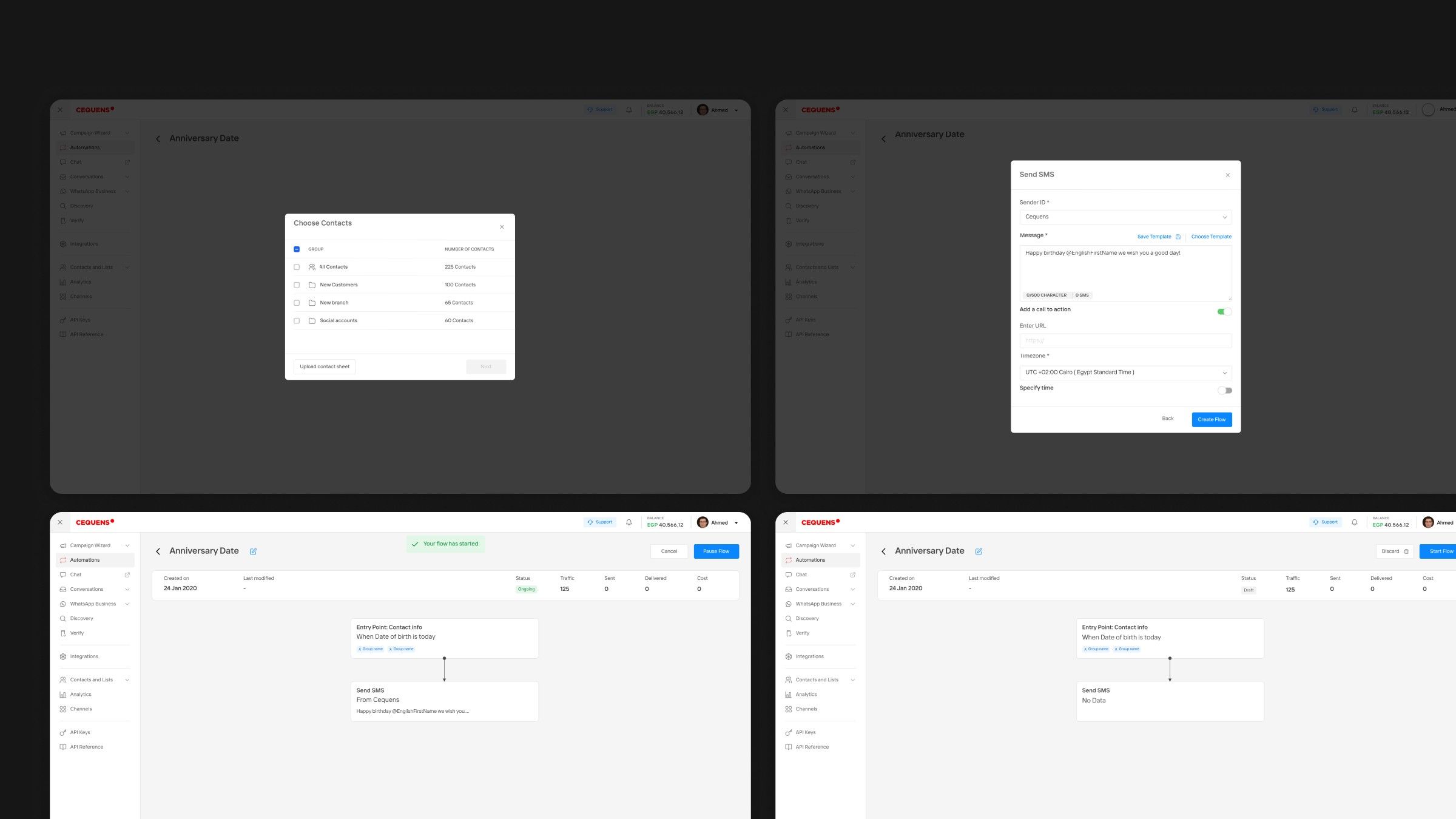 More final UI screens: choosing contact groups, the Send SMS step with a personalized birthday message, and the flow detail page in running and draft states.