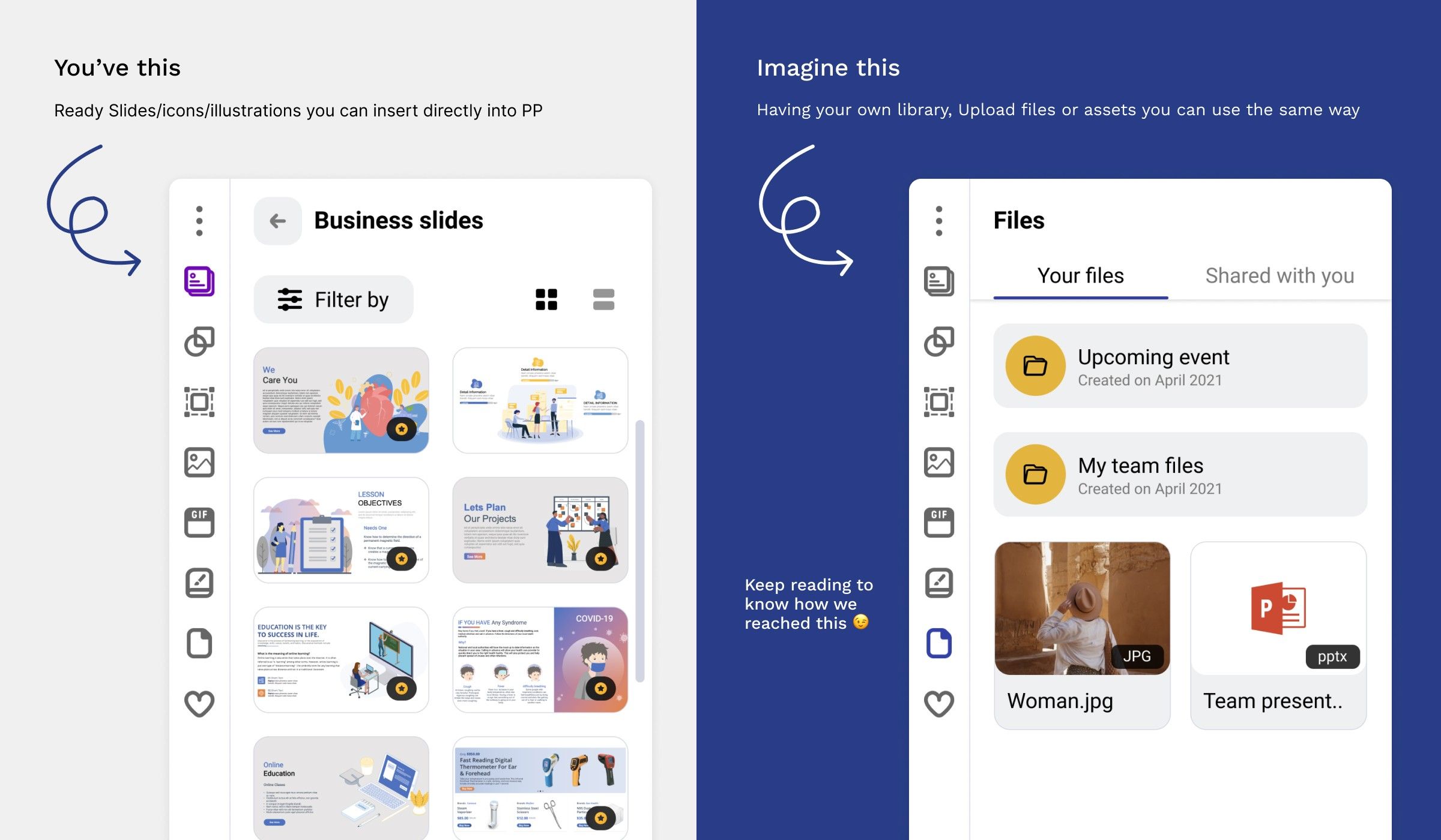 Before and after: on the left, Premast's add-on panel of ready-made business slides to insert into PowerPoint; on the right, the idea of a personal Files library with your own and shared folders and uploaded files.